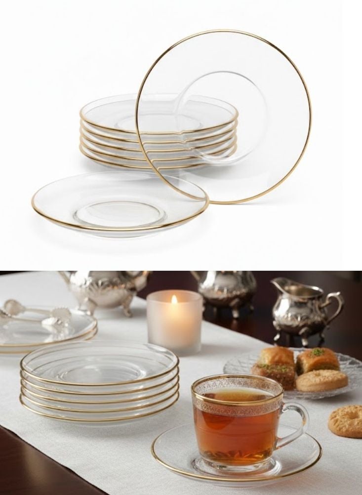 بريميم طقم صحون شاي زجاجية شفافة بحافة ذهبية مكوّن من ست قطع - Image 1